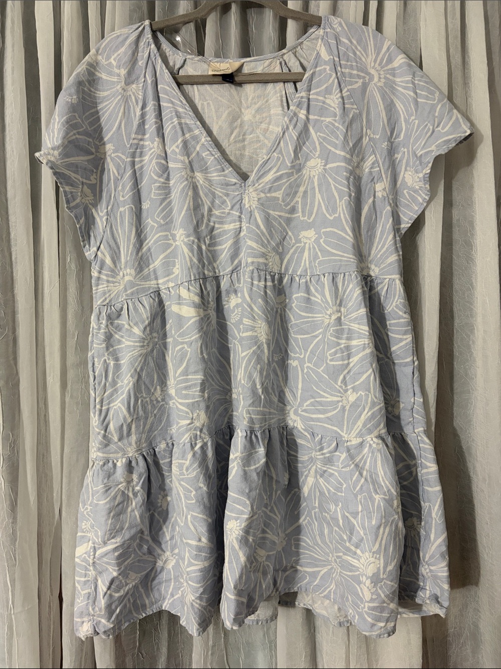 Light Blue Floral Tiered Dress with V-Neck